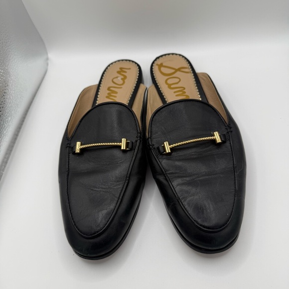 Sam Edelman Black Leather Mule Loafers Gold Bar Detail Size 9M - Picture 2 of 6